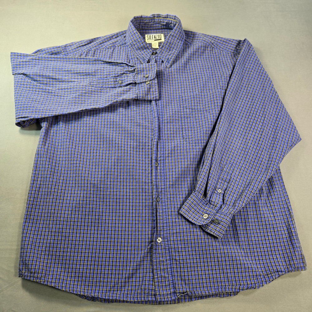 Silenzio Men's Blue Yellow Plaid Long Sleeve Button Down Cotton Shirt Size Large